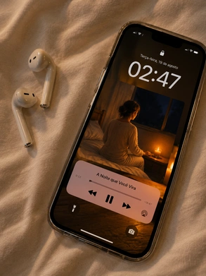iPhone tocando o áudio da Noite que Você Vira ao lado de fones AirPods