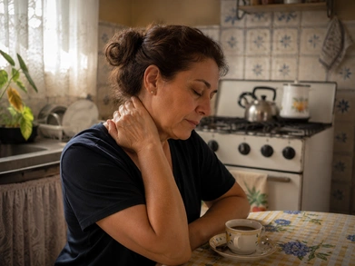 Mulher na cozinha massageando o pescoço