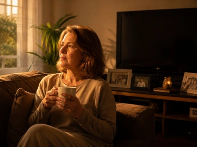 Mulher sozinha no sofá segurando uma xícara