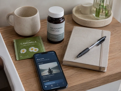 Chá, melatonina, caderno e app de meditação