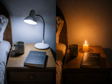 Split-screen: mesma mesinha iluminada por LED frio à esquerda e por vela quente à direita