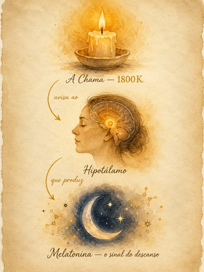 Diagrama watercolor — vela 1800K conectada ao hipotálamo e à melatonina